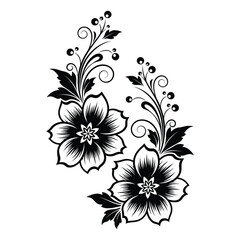 Elegant black and white floral design with two blooming flowers and swirling stems, isolated on white background
