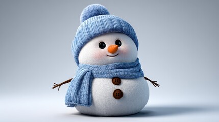 Adorable snowman wearing a blue knitted hat and scarf