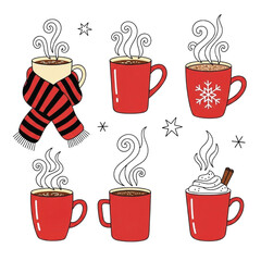 Six Red Mugs of Hot Drinks with Steam and Winter Decorations hot chocolate coffee