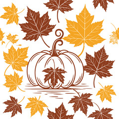 Fall harvest pumpkin and maple leaves illustration for autumn thanksgiving designs and backgrounds