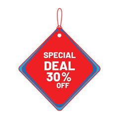 Red diamond shaped tag with blue border indicating a special deal of 30 off, isolated on white background
