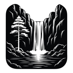 Dramatic black and white illustration of a majestic waterfall cascading into a serene pool surrounded by rugged cliffs and a solitary pine tree
