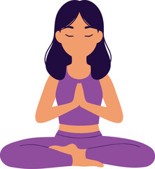 Flat vector illustration of a young woman practicing yoga meditation with hands in prayer pose, mindfulness and wellness concept, minimal cartoon style, isolated on white background