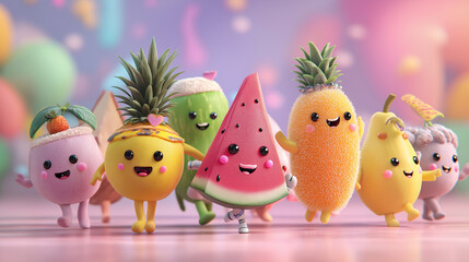 Cute 3D Cartoon Fruit Characters Walking Together 