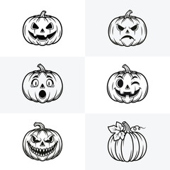 Halloween pumpkin vector set of jack o lanterns with different expressions for spooky season designs