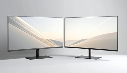 Fototapeta premium Two modern computer monitors set up against a soft light backdrop. The screens display abstract art and sleek design