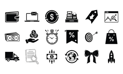 Collection of ecommerce and business icons, including wallet, laptop, cash register, shopping bag, truck, and rocket, isolated on white background
