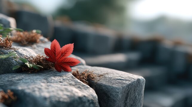 A colorful maple leaf rests on a stone, showcasing autumn colors near a tranquil walking path in a lush forest