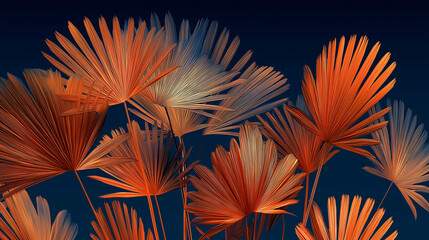 Abstract Orange Palm Leaves on Deep Blue Background 