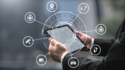 Obraz premium GPS icons show navigation, GPS tracking, and location. GPS supports real time maps, direction, and GPS navigation services for mobility and transport. Gist