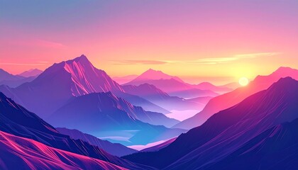 A breathtaking mountain landscape under a colorful sunset, evoking a sense of awe and serenity. The sun casts a warm glow over the peaks and valleys.