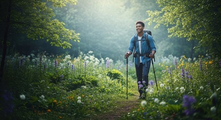 Young african male hiking in vibrant sunlit forest trail surrounded by lush greenery and wildflowers
