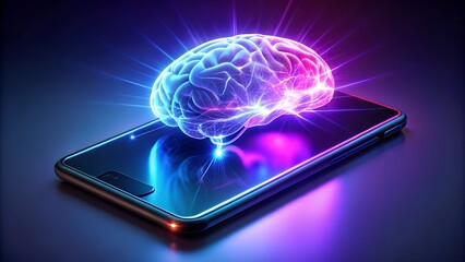 A glowing neon brain superimposed on a smartphone, symbolizing artificial intelligence and digital consciousness in a futuristic concept