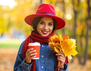 Woman in autumn park with coffee