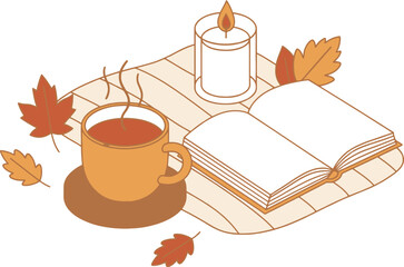 Cozy autumn scene with tea cup book and candle for relaxation and fall season aesthetic design theme