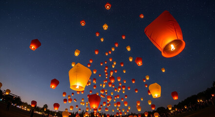 Thousands of glowing sky lanterns ascend into a star-filled night sky creating magical ambiance