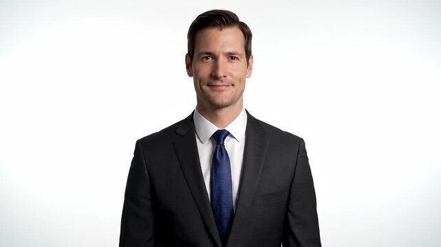A man in a suit with a blue tie stands against a plain white background. The man in a suit appears ready for a formal occasion in the studio setting.