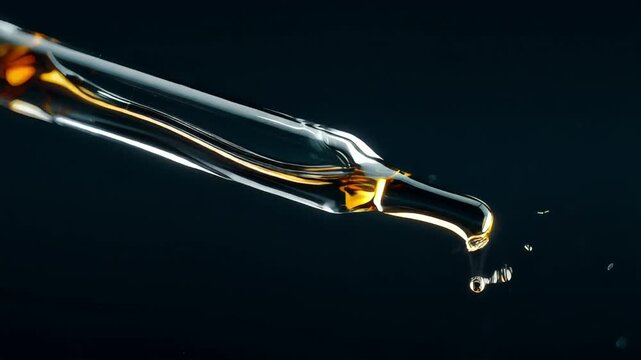 A clear glass dropper releases a golden liquid drop, shimmering against a dark, minimalist background