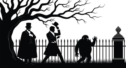 Silhouette of a gentleman a man tipping his hat and a monster by a fence