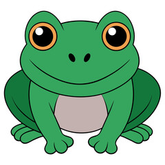 Cartoon Green Frog Sitting, Smiling with Orange Eyes