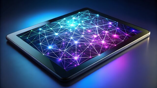 Tablet device showcasing a luminous digital network with interconnected nodes and lines in a spectrum of blue, purple, and pink hues