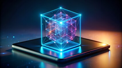 Abstract glowing cube structure on a tablet, symbolizing data, blockchain, virtual reality, and digital transformation