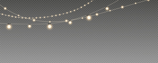 Christmas and New Year glowing garlands of bulbs and lights. Design element for holiday cards, backgrounds, business cards, vector png on transparent background.