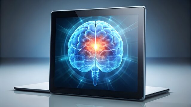 Digital brain on a laptop screen, representing artificial intelligence, neural networks, and advanced technology concepts