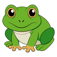 Cute cartoon green frog sitting still on white background