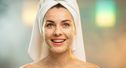 Smiling young woman with exfoliating facial scrub on face and shoulders, white towel on head, enjoying a beauty and skincare treatment.