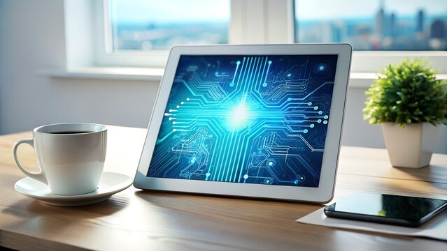 A tablet displaying a glowing blue circuit board pattern rests on a wooden desk next to a cup of coffee and a smartphone, symbolizing technology and connectivity
