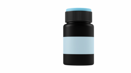 Black pill bottle with blue label