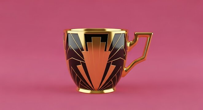 Black and gold art deco teacup on pink background - Powered by Adobe