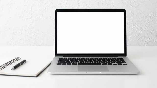 Sleek Laptop Mockup with Notebook and Pen - A clean workspace featuring a silver laptop with a blank screen, a spiral notebook, and a pen on a white desk against a textured white wall.