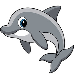 Cartoon style gray dolphin with blue eye swimming playfully
