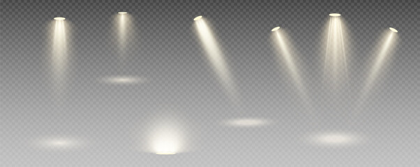 Spotlight, vector light set png, walls, studio light, different colors and shades of realistic light for design, advertising, banner, poster. Light rays and light effect	
