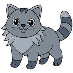Cute fluffy gray cat cartoon character with striped tail