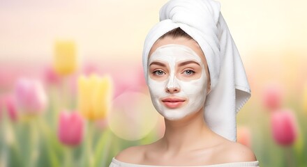 Young woman with white clay face mask and hair towel, smiling for a skincare beauty treatment