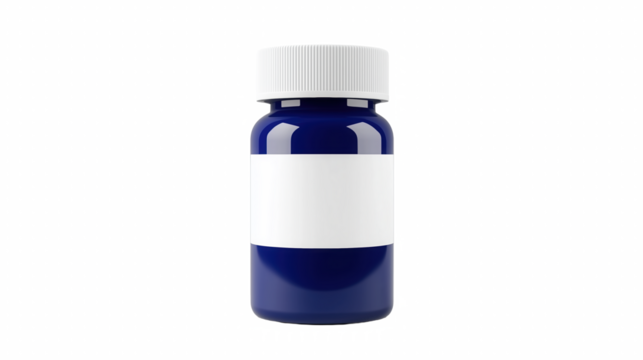Blue supplement bottle with blank label centered layout