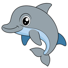 Cheerful cartoon dolphin swimming and smiling on white background