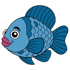 Cartoon blue fish character swimming happily in a white background