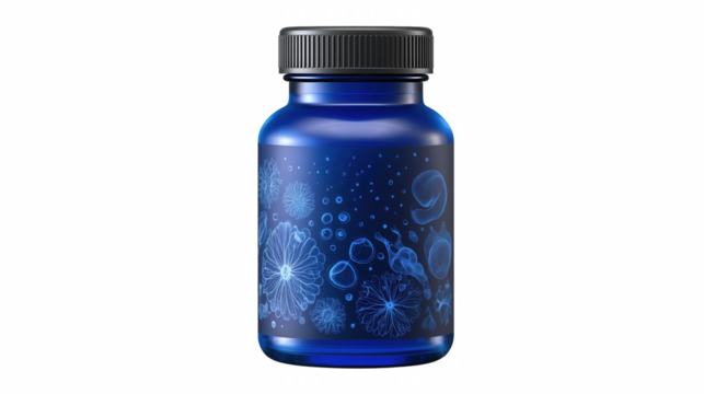 Blue Supplement Bottle with Jellyfish Label