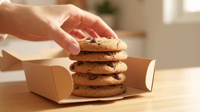 Hand Reaching for Chocolate Chip Cookies in Box - A woman's hand reaches for a stack of delicious chocolate chip cookies freshly delivered in a cardboard box.