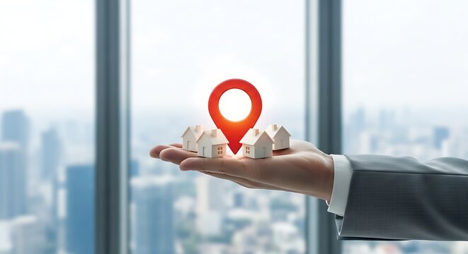 Hand holding small houses and location pin with cityscape background