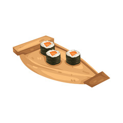Illustration of Salmon Sushi Rolls on Wooden Plate 