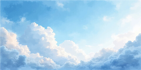 Beautiful fluffy white clouds float across the clear blue summer sky, a bright, light, peaceful cloudscape