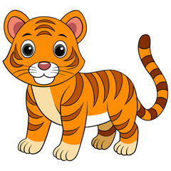 Cute cartoon tiger cub standing isolated on white background