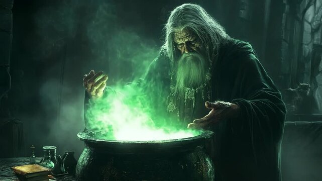 A wizard in mystical garments brews a vibrant green potion in a cauldron, ancient dark magic and shadows, captivating those who seek the unknown and enchanting all who witness this arcane artistry