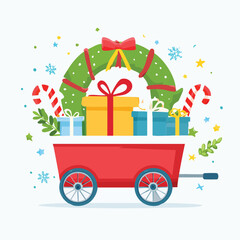 Red Christmas cart overflowing with gifts wreath candy canes and festive decorations wagon 1