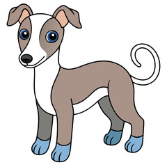 Cartoon greyhound with blue paws isolated on white background